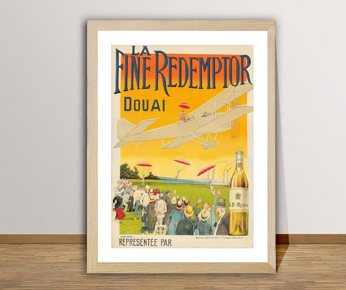 La Fine Redemptor Douai Biplane Parachutes Vintage French Wine Poster - Image 3