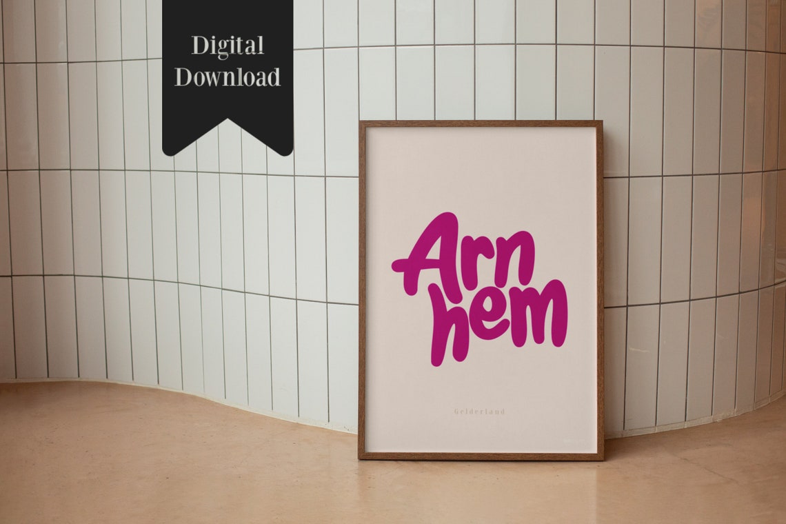 Arnhem Pink Script City Name Typography Gelderland Wall Poster