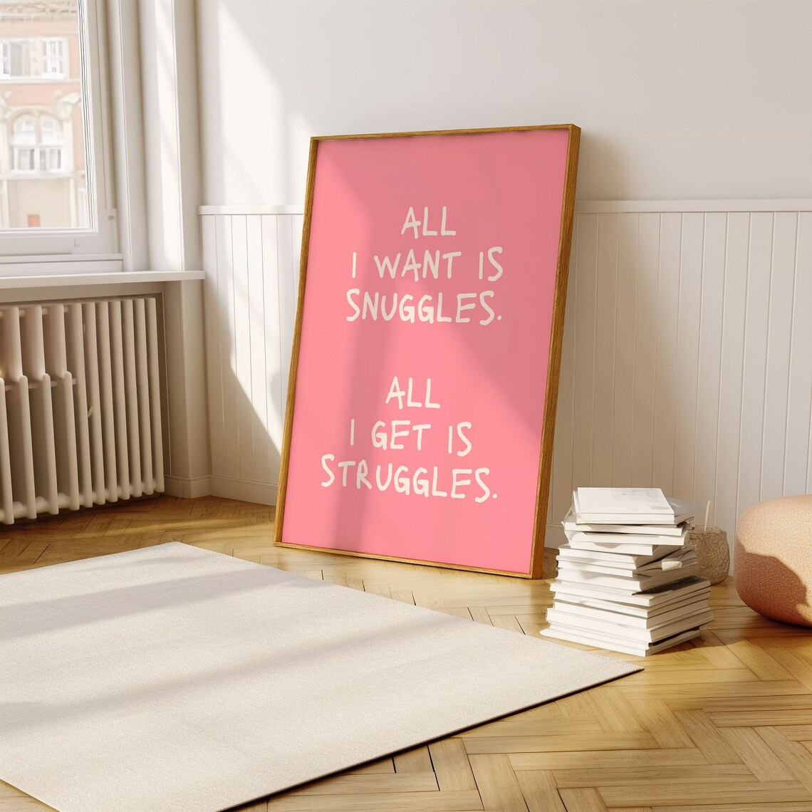 Snuggles And Struggles Funny Relatable Quote Pink Handwritten Typography Poster - Image 3