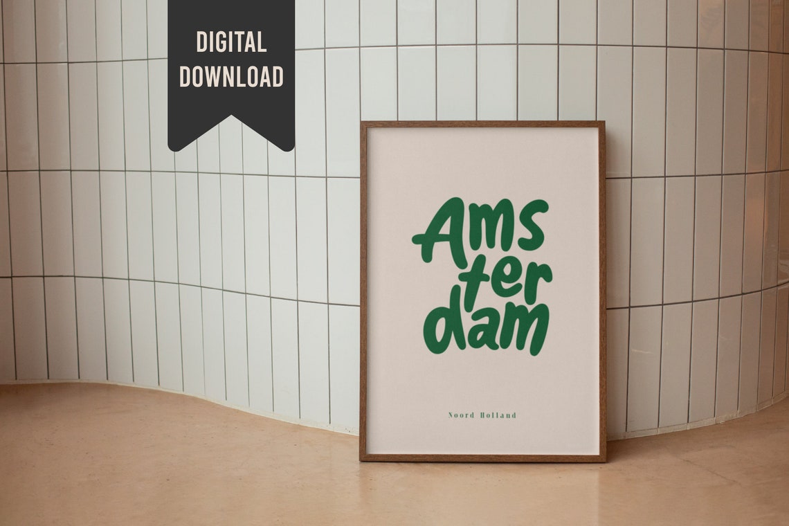 Amsterdam Noord Holland Green Hand Lettering Travel Typography Poster