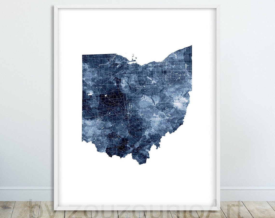 Ohio State Map Print Watercolor Navy Blue Modern Wall Art Road Usa Poster Home Office Decor