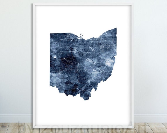 Ohio State Map Print Watercolor Navy Blue Modern Wall Art Road Usa Poster Home Office Decor