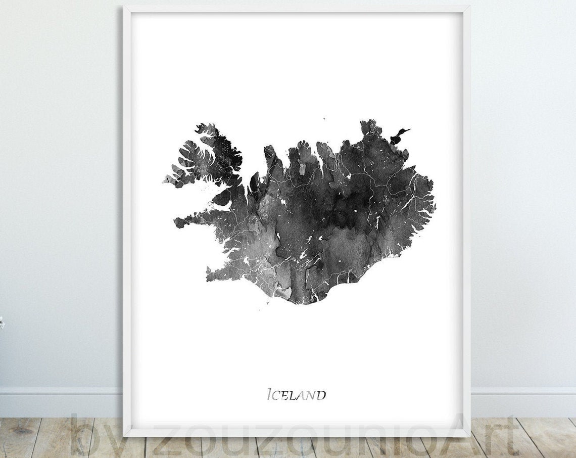 Iceland Watercolor Map Art Print Black White Island Silhouette Decor