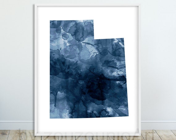 Utah State Map Print Silhouette Navy Blue Watercolor Modern Wall Art Usa Poster Home Office Decor