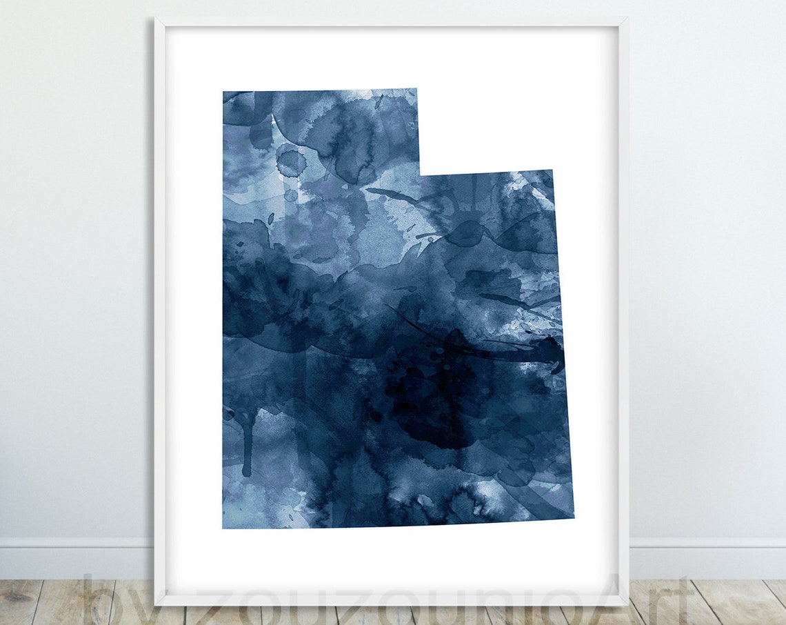 Utah State Silhouette Navy Blue Watercolor Modern Map Art Poster