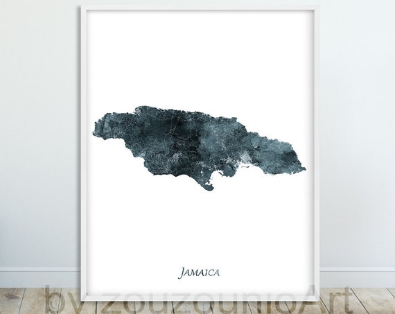 Jamaica Map Watercolor Art Print, Home Office Decor