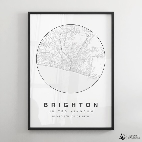 Brighton United Kingdom Black White City Map Coordinates Print