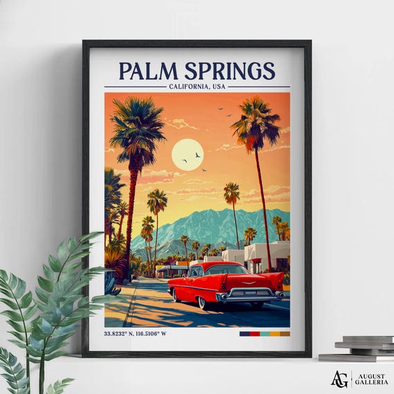 Palm Springs Retro Travel Print Wall Art Framed Canvas Poster Illustration Wanderlust