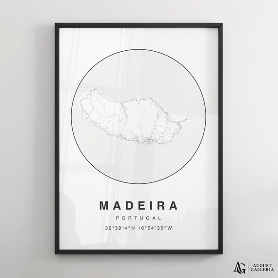 Madeira Portugal Island Outline Map Minimalist Black White Art Poster