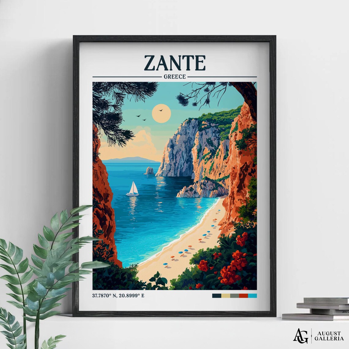 Zante Greece Cliffside Beach Sailboat Vintage Island Travel Poster