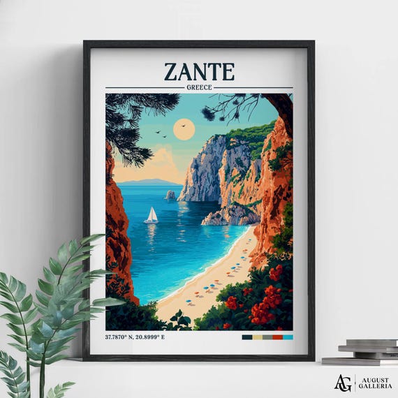 Zante Greece Retro Travel Print Wall Art Framed Canvas Poster Illustration Wanderlust
