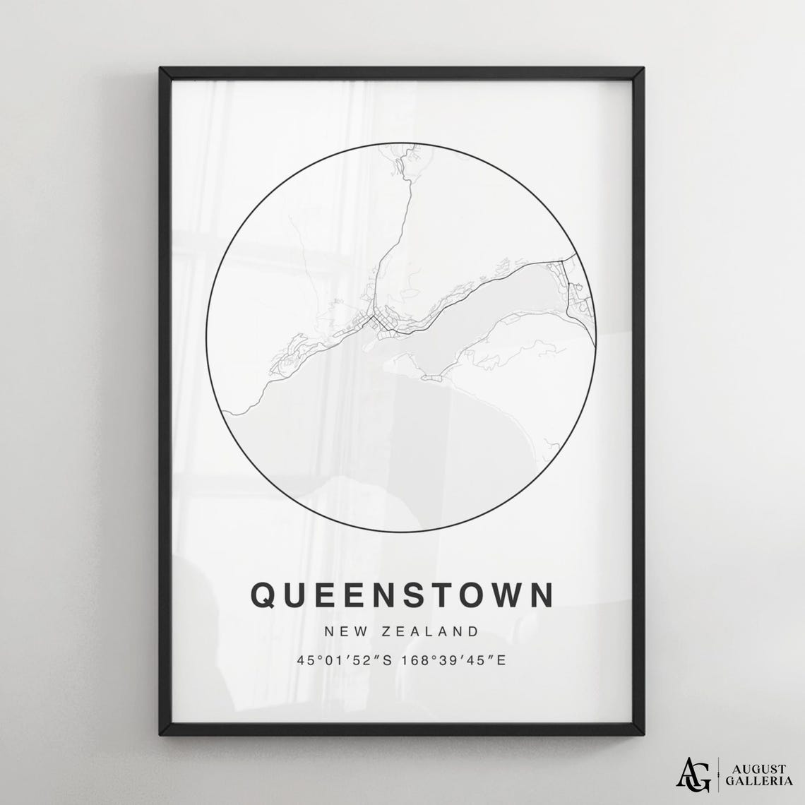 Queenstown New Zealand Circular Map Black And White Minimalist Poster