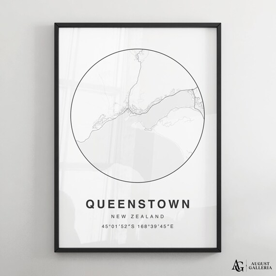 Queenstown New Zealand Circular Map Black And White Minimalist Poster