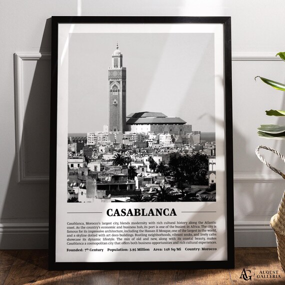 Casablanca Black And White Skyline Travel Poster Morocco Mosque
