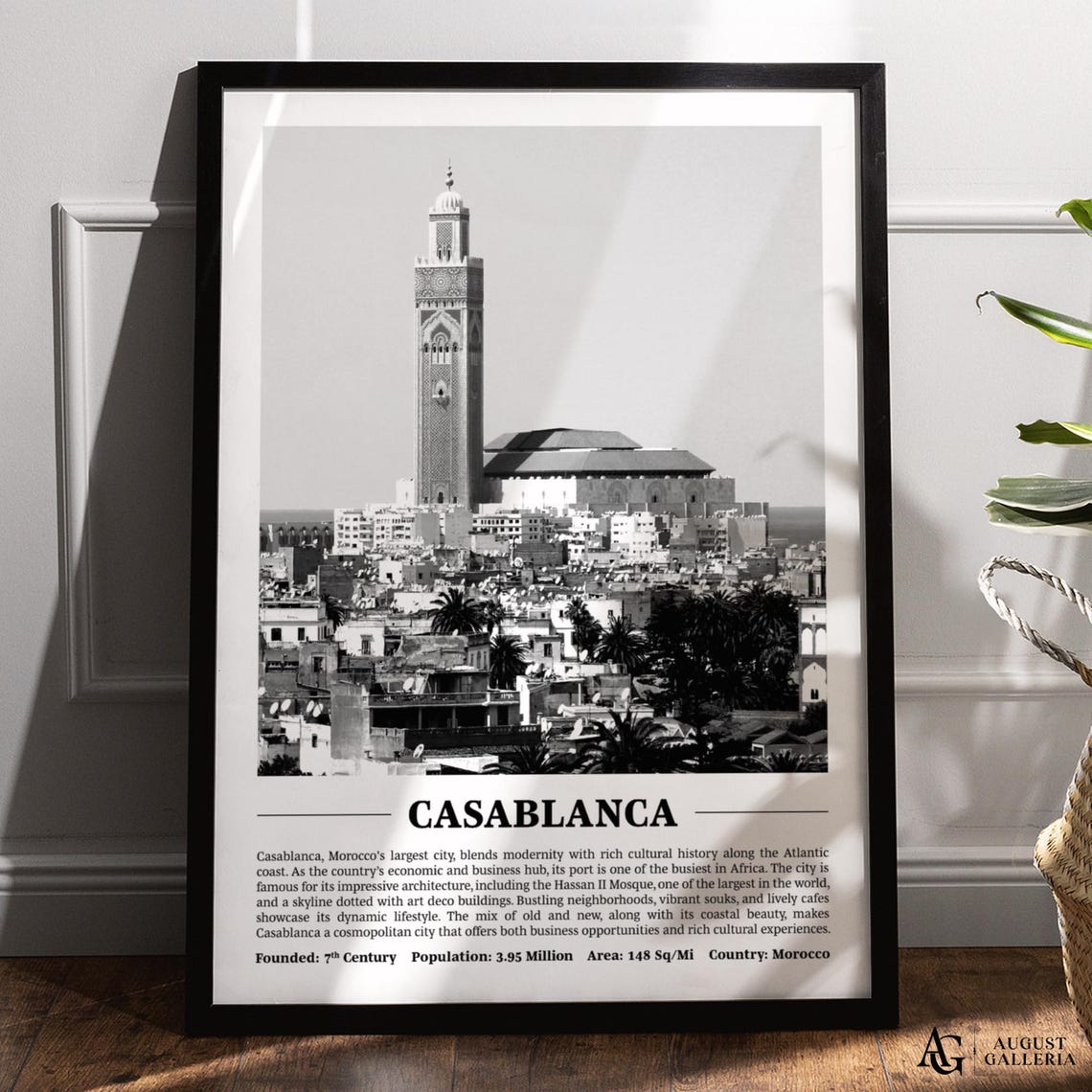 Casablanca Black And White Skyline Travel Poster Morocco Mosque