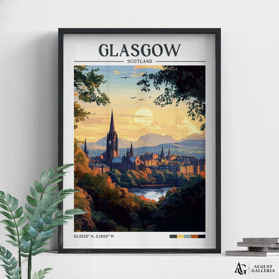 Glasgow Scotland Sunset Cathedral Skyline Retro Travel Poster