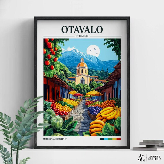 Otavalo Ecuador Market Street Retro Travel Poster Andes Mountains View