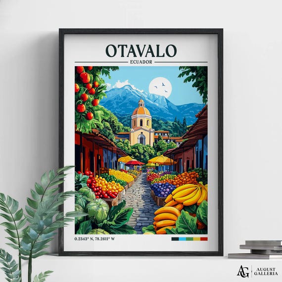 Otavalo Ecuador Retro Travel Print Wall Art Framed Canvas Poster Illustration Wanderlust