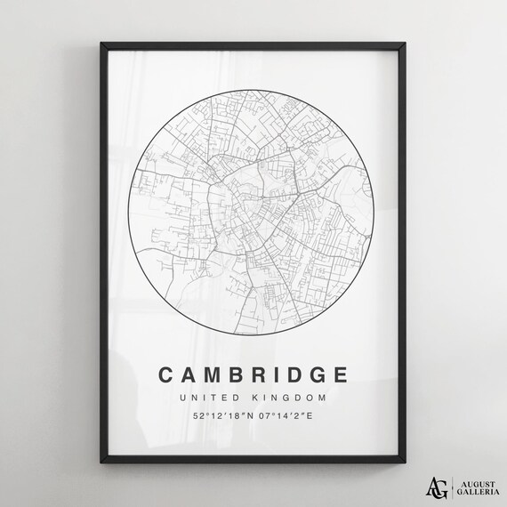 Cambridge United Kingdom Minimalist Black White Circular City Map Print