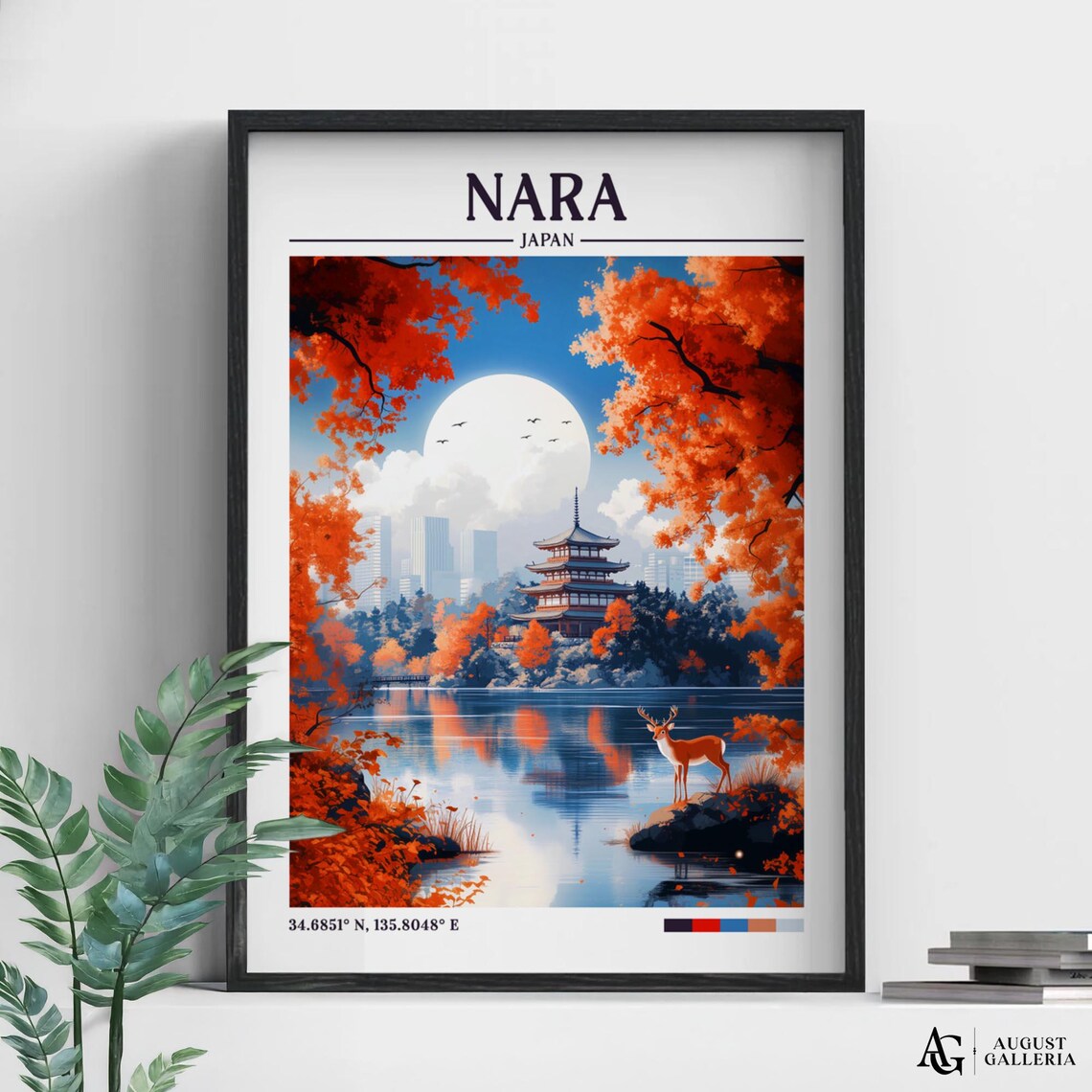 Nara Japan Autumn Pagoda Lake Deer Fall Foliage Travel Poster