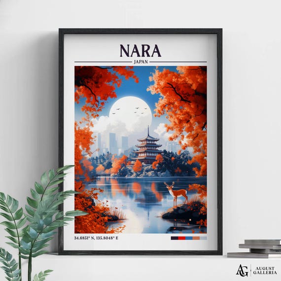 Nara Japan Retro Travel Print Wall Art Framed Canvas Poster Illustration Wanderlust
