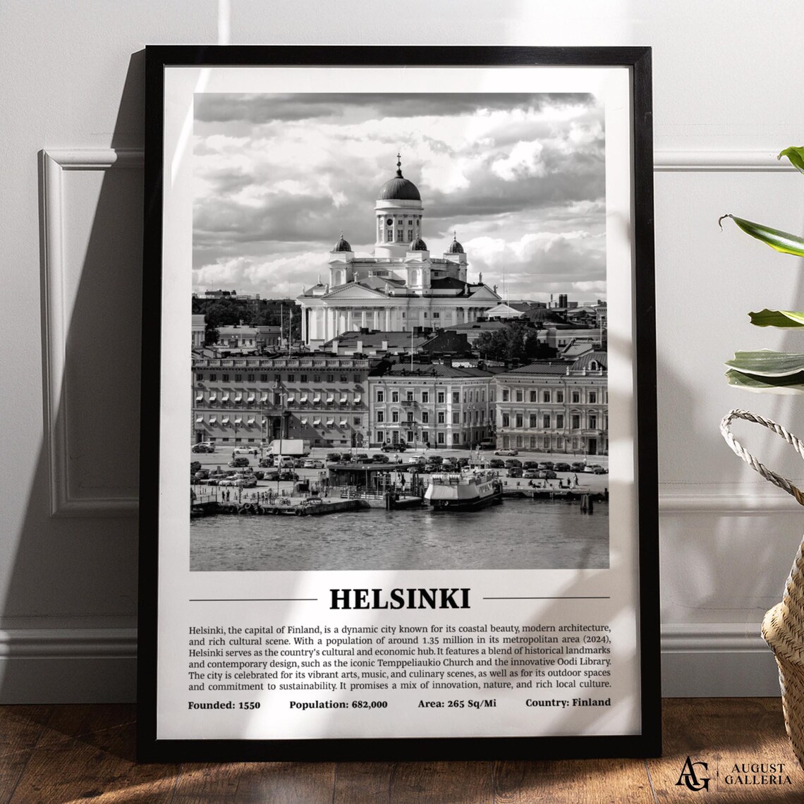Helsinki Finland Black and White Cathedral Harbor City Photo Poster