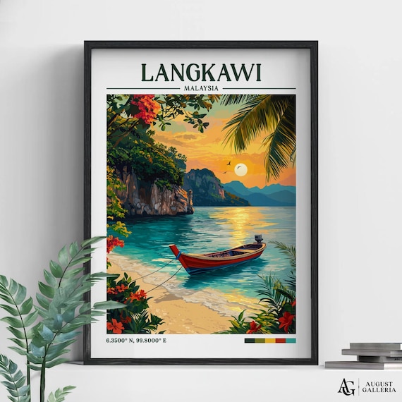 Langkawi Malaysia Tropical Beach Longtail Boat Sunset Travel Poster