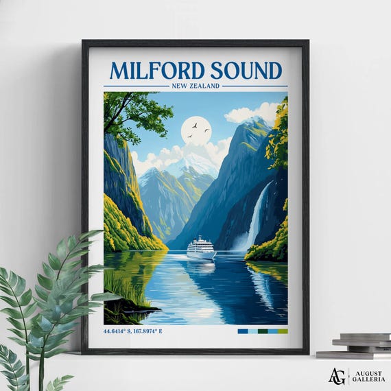 Milford Sound Retro Travel Print Wanderlust Poster Wall Art Framed Canvas Illustration