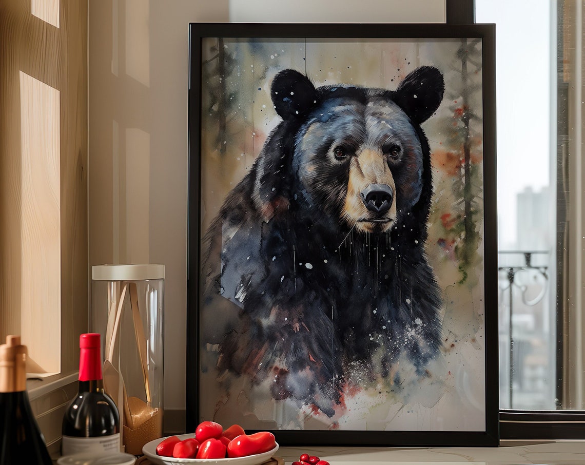 Black Bear in Dark Forest Watercolor Wildlife Portrait Poster