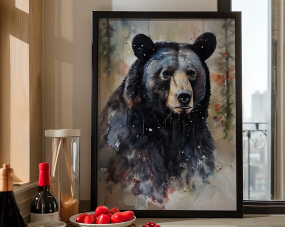 Black Bear in Dark Forest Watercolor Wildlife Portrait Poster