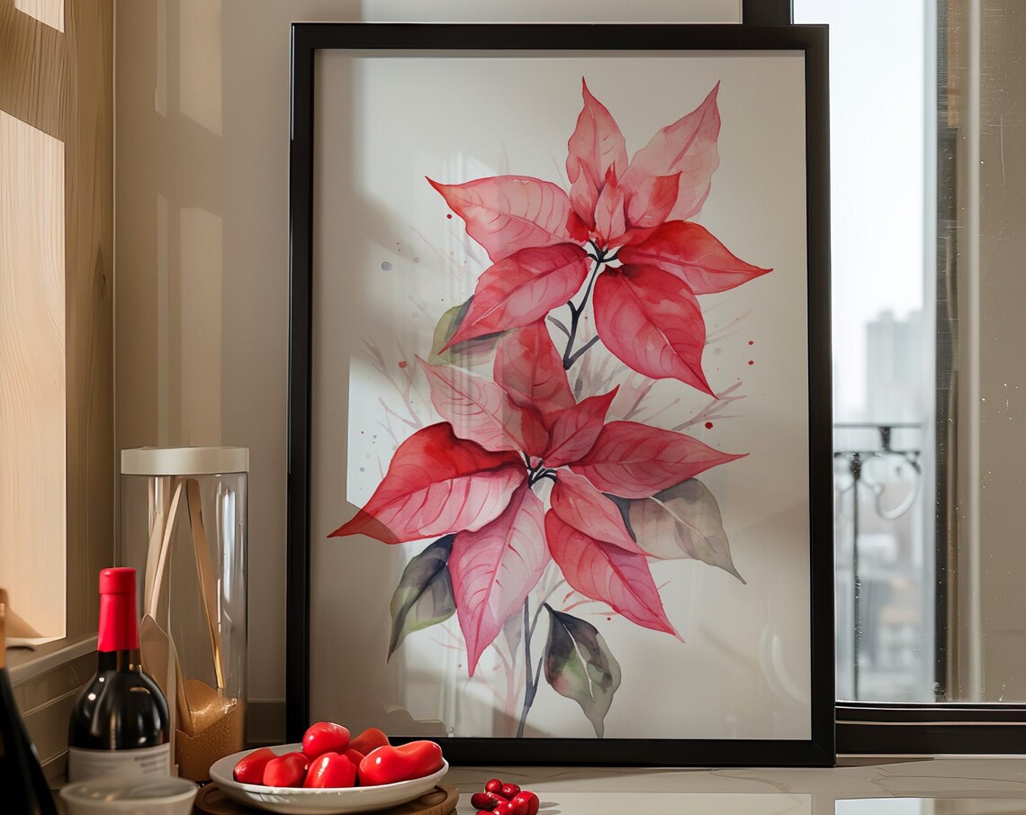 Pink Poinsettia Blossoms Watercolor Festive Botanical Art Poster