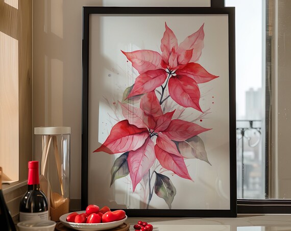 Pink Poinsettia Blossoms Watercolor Festive Botanical Art Poster
