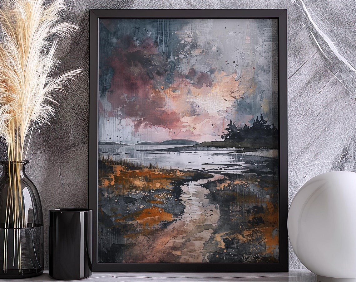 Abstract Coastal Sunset Watercolor Rose Sky Shore Path Art Poster - Image 5