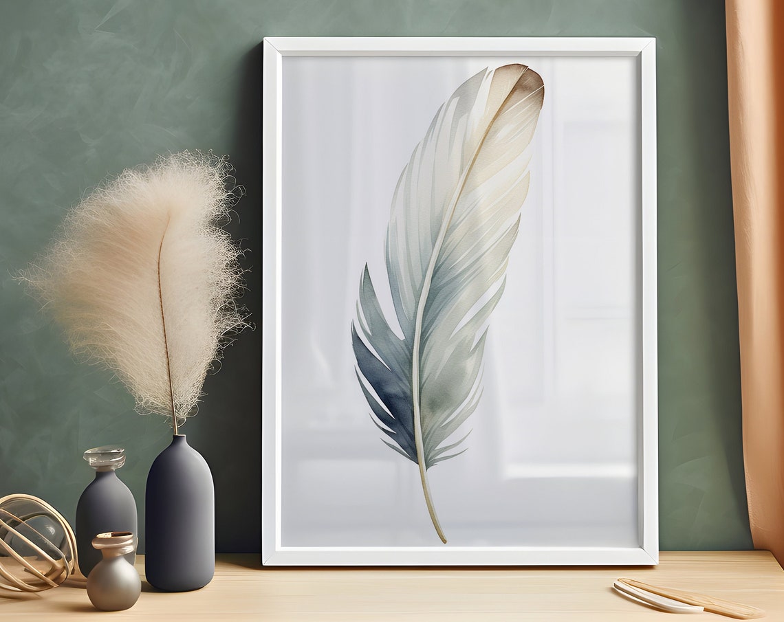 Watercolor Feather Soft Blue Gray Minimalist Elegant Art Poster