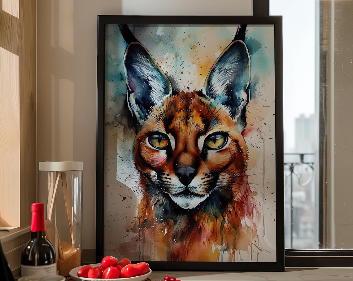 Caracal Wild Cat Face Watercolor Splash Exotic Portrait Poster
