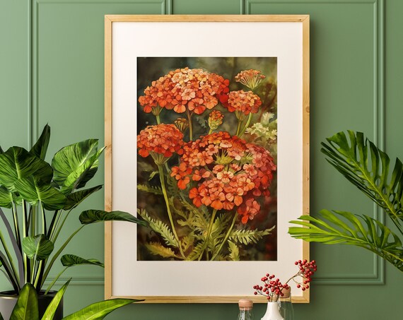 Orange Yarrow Flowers Watercolor Bold Floral Botanical Art Poster