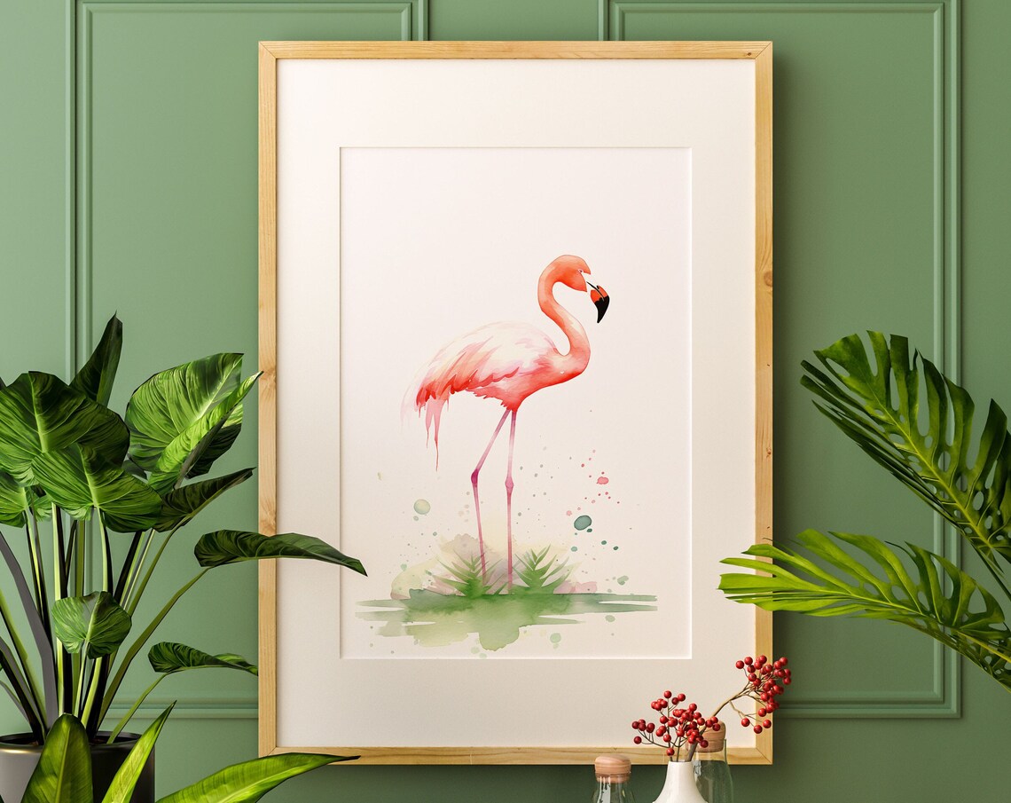 Pink Flamingo Standing Watercolor Nursery Bird Painting Poster