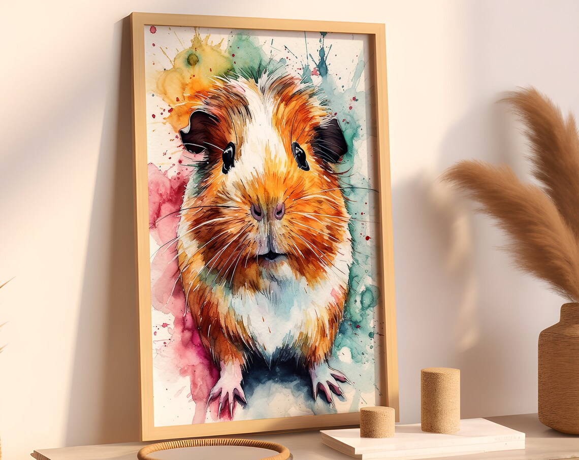 Adorable Guinea Pig Watercolor Portrait Cute Small Pet Art Poster