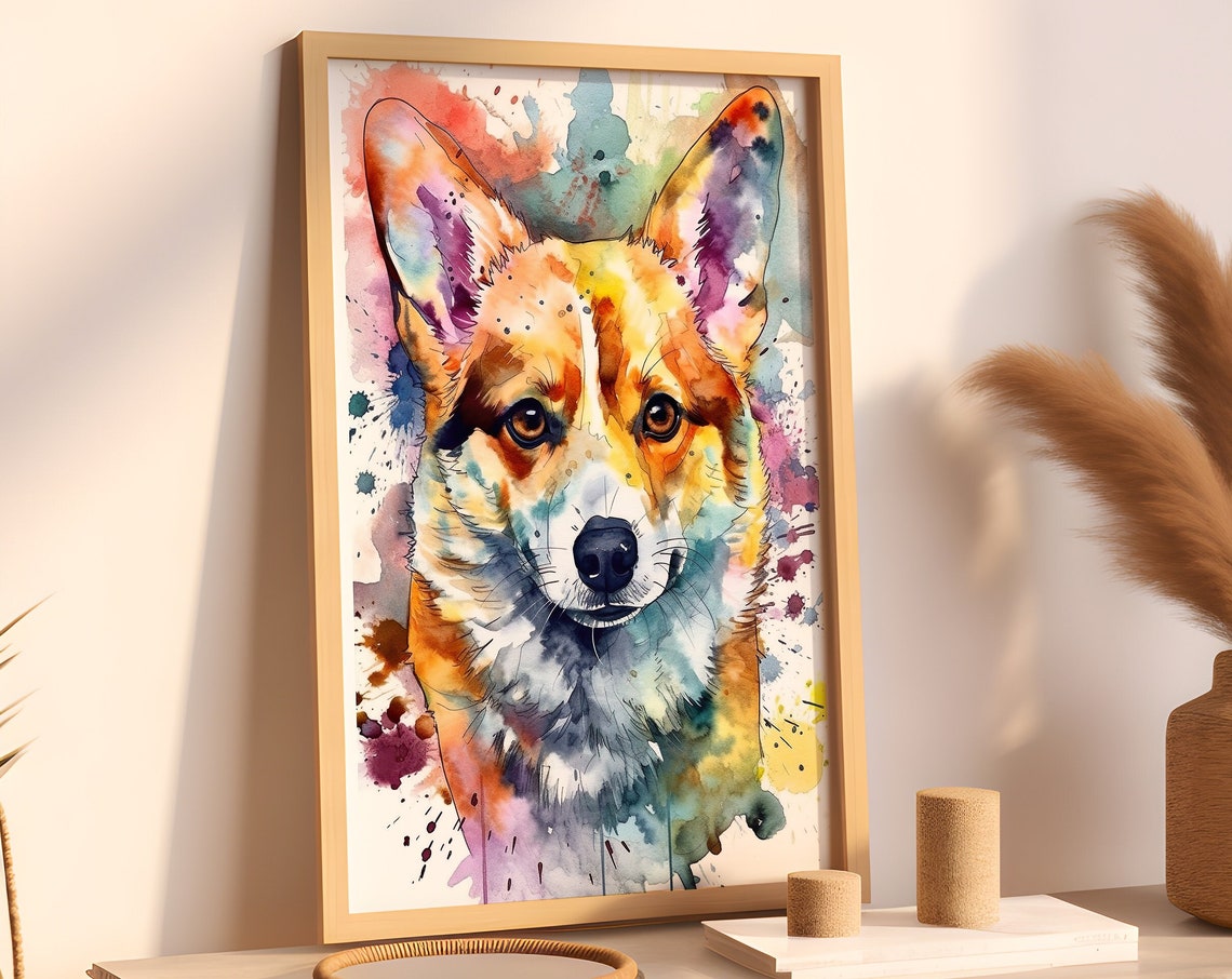 Pembroke Welsh Corgi Watercolor Dog Portrait Splash Art Poster