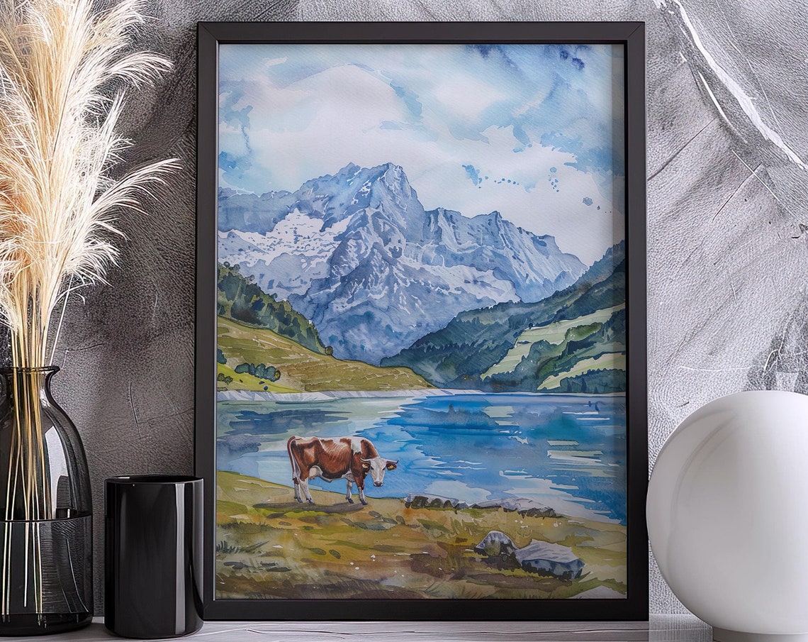 Alpine Lake Cow Watercolor Mountain Landscape Scenic Art Poster - Image 4