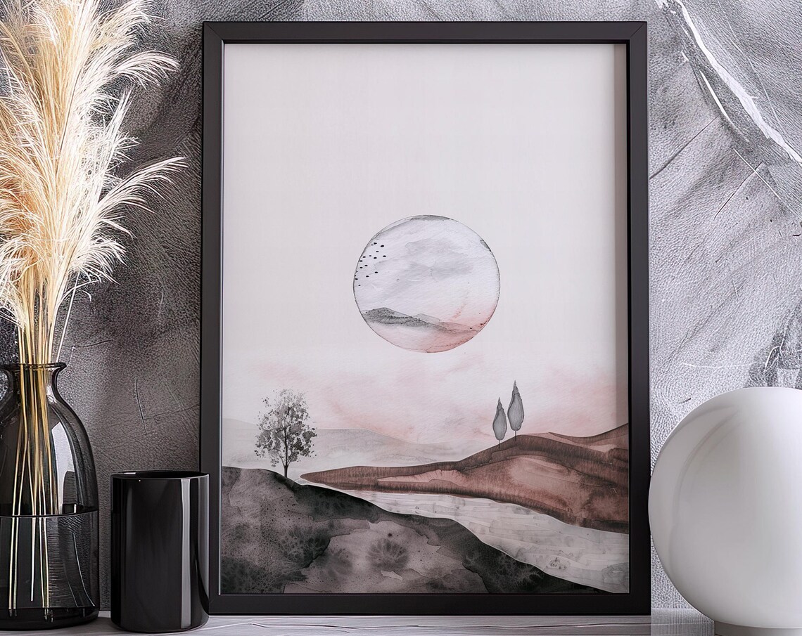 Pale Moon Over Rolling Hills Minimal Watercolor Landscape Poster - Image 4
