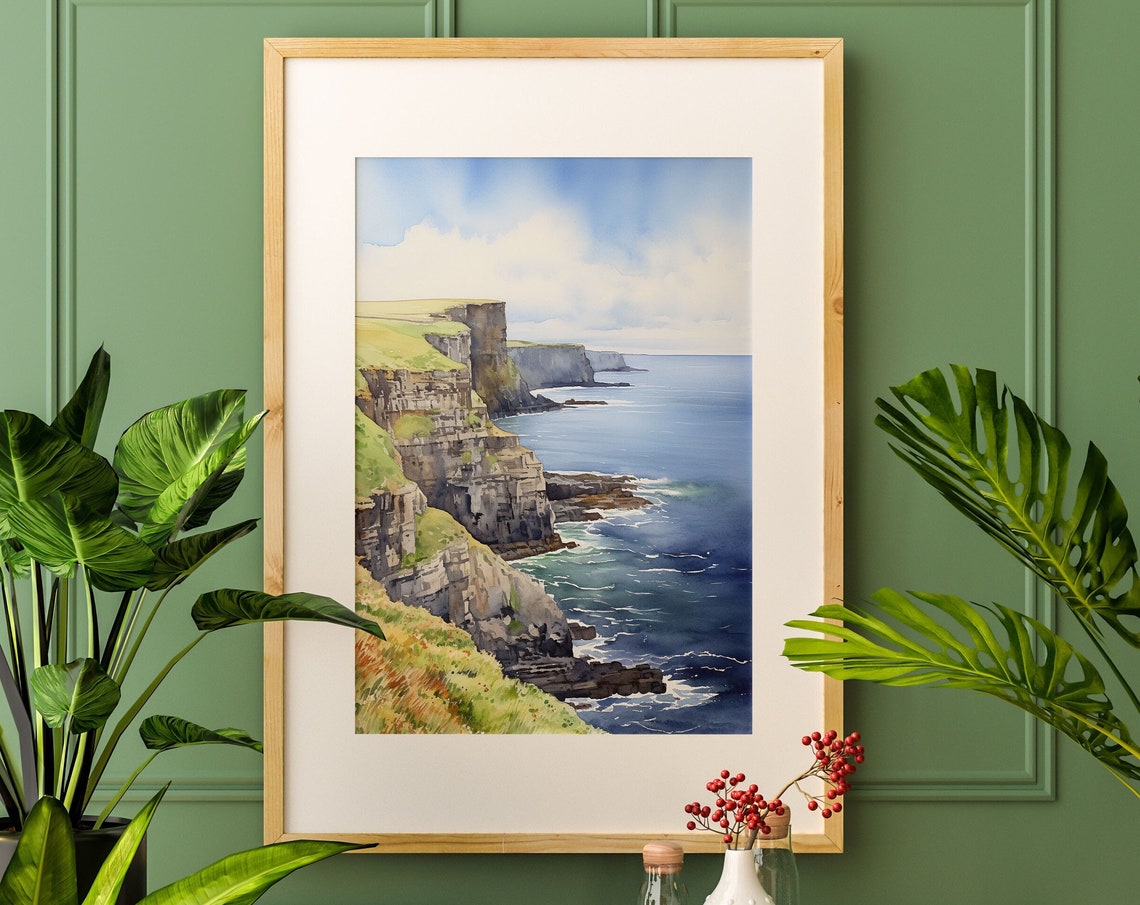 Cliffs of Moher Watercolor Ireland Sea Cliffs Coastal Art Poster