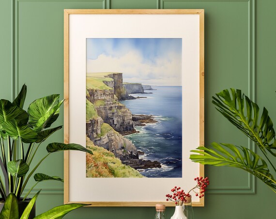 Cliffs Of Moher Painting Thistle Watercolor Print Poster Colorful Illustration Nature Minimalist Decor Landscape Ireland