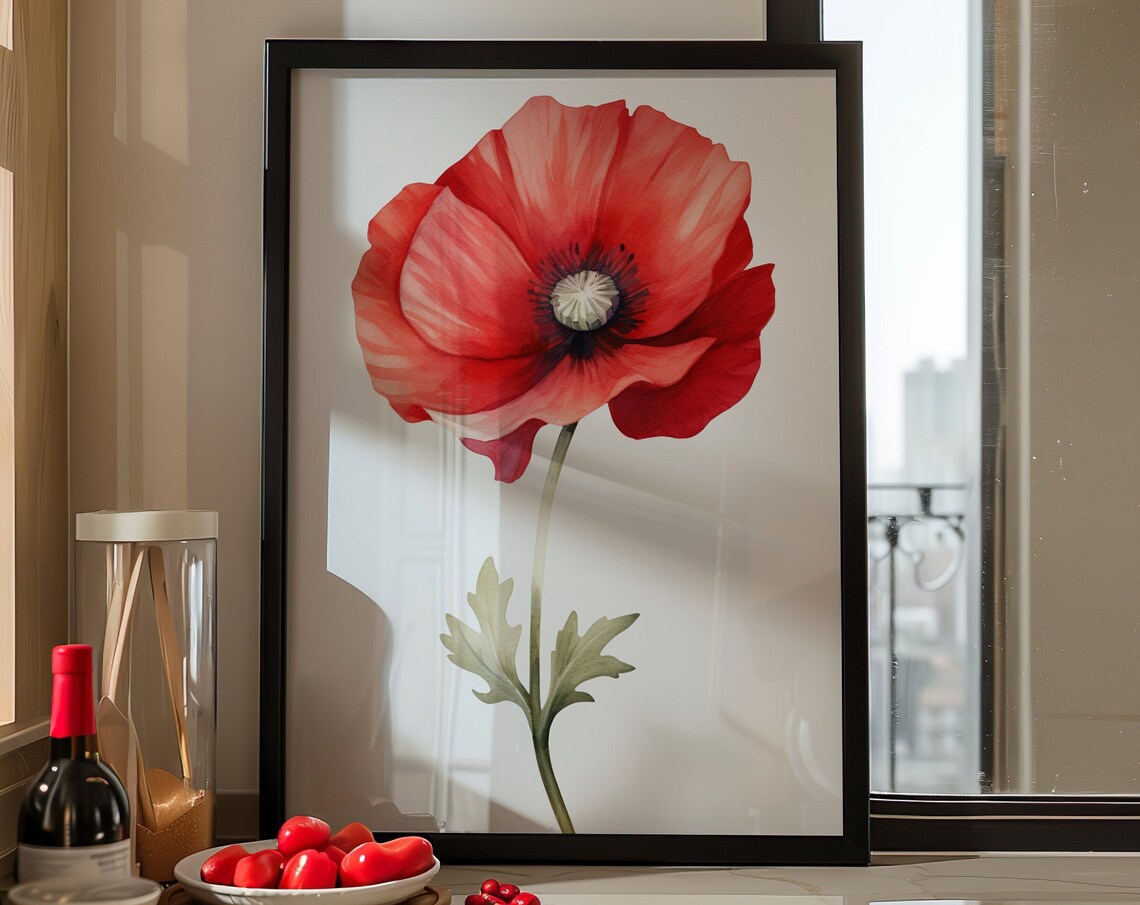 Red Poppy Bloom Close Up Detailed Watercolor Botanical Flower Poster