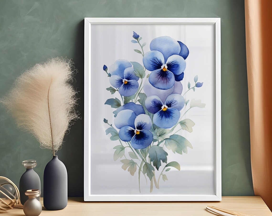 Blue and Purple Pansies Watercolor Blooming Bouquet Floral Art Poster