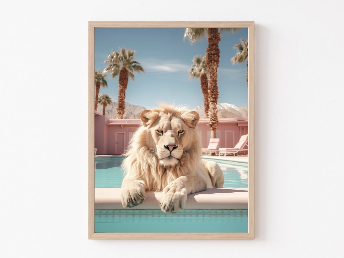 White Lion Lounging At Pink Villa Pool Edge Glamorous Wall Art