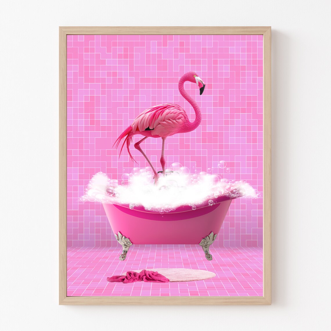 Pink Flamingo Pink Bathtub Bubble Bath Funny Bathroom Wall Art
