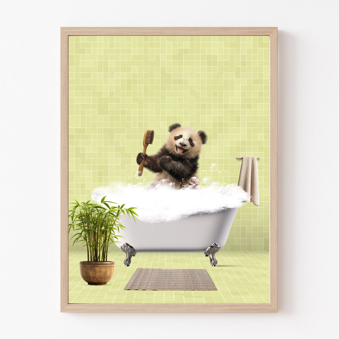 Baby Panda Brushing Teeth In Bubble Bath Funny Bathroom Poster