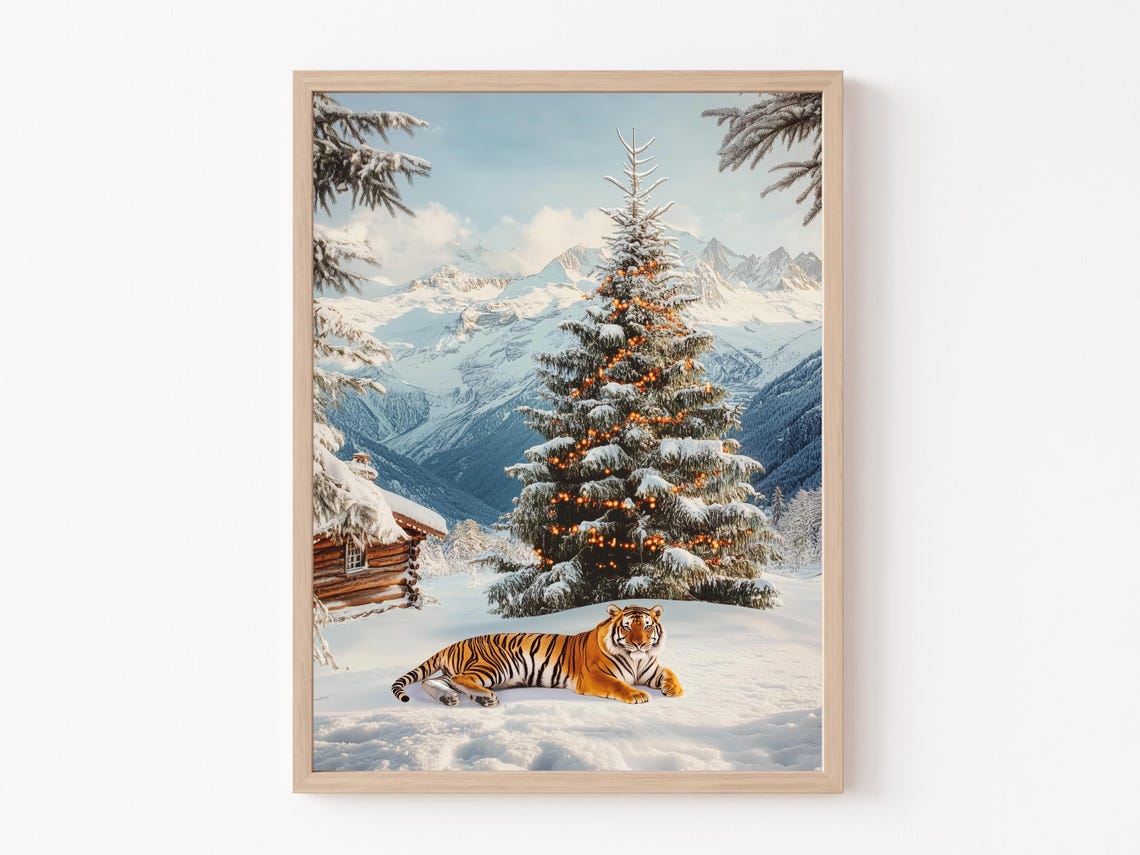 Magical Tiger Resting in Snow Beside a Glowing Christmas Tree Poster
