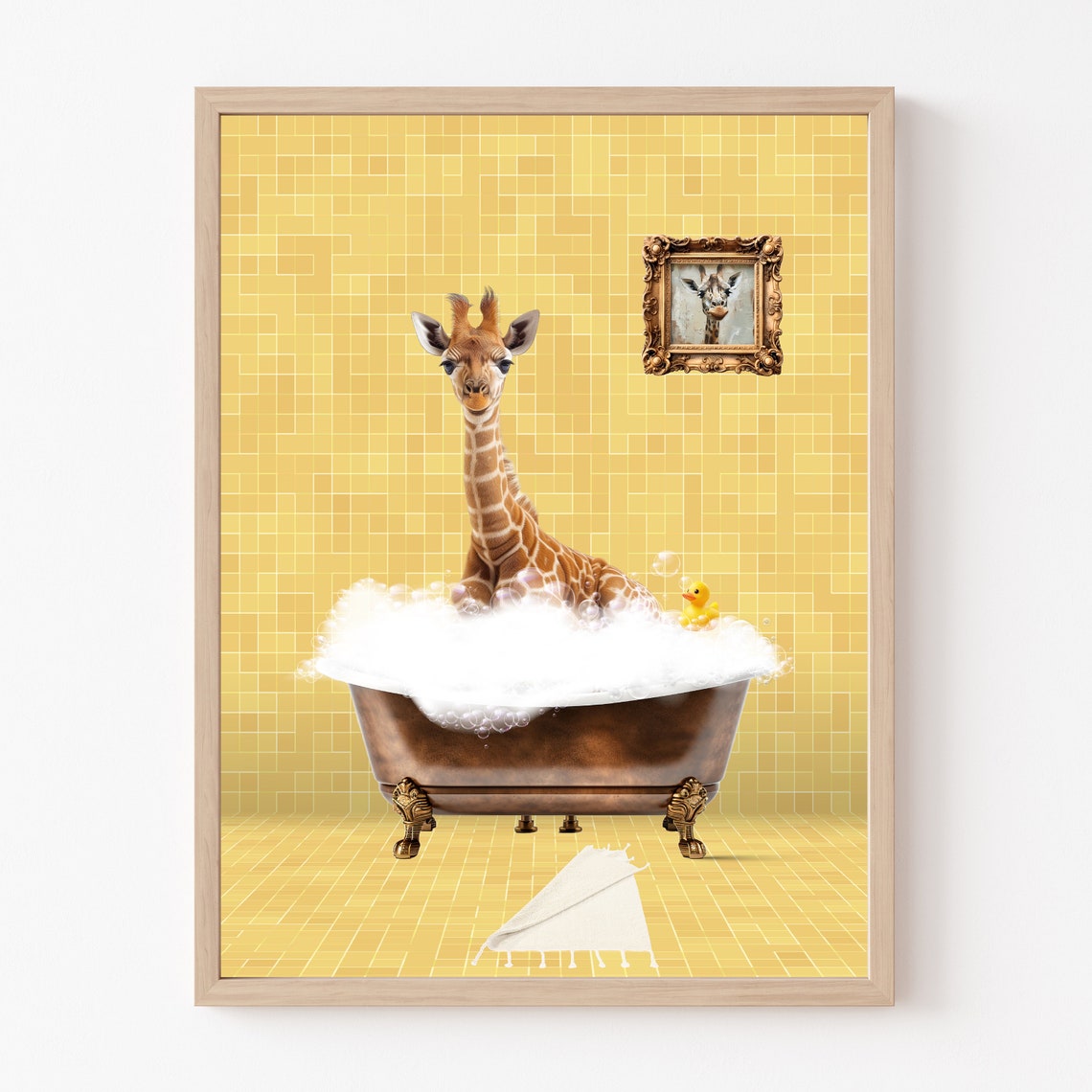 Giraffe In Bubble Bath With Rubber Duck Funny Bathroom Poster